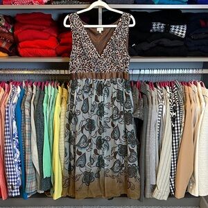 Phase Eight 100% silk blue/brown print sleeveless pleated midi dress size 12